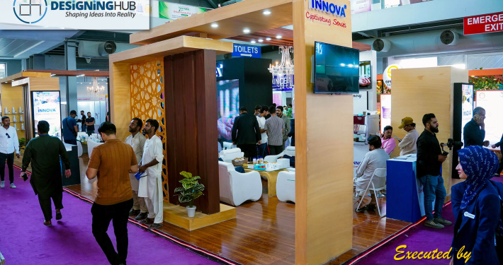 Professional exhibition booth design and fabrication services by Designing Hub