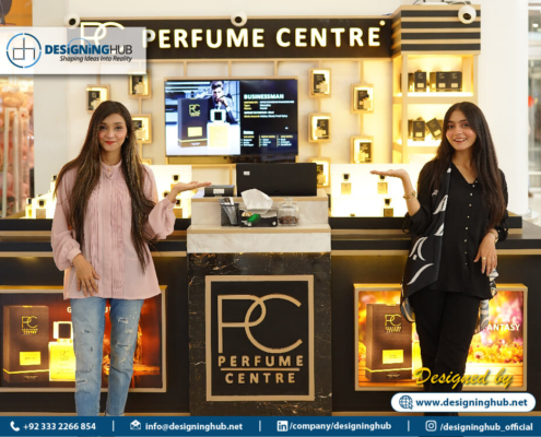 High-end kiosk designer work in Karachi – detailed acrylic finishes and precision joinery for PC Premium stall