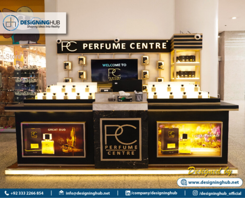 Luxury perfume kiosk in Karachi by Designing Hub – premium stall fabrication with custom branding and LED lighting