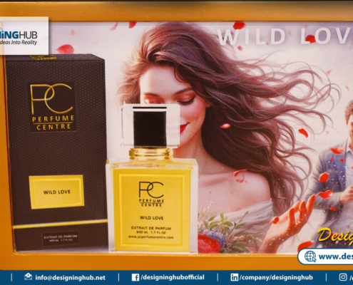 Angled view of PC Premium branded kiosk - corporate identity integration by Designing Hub