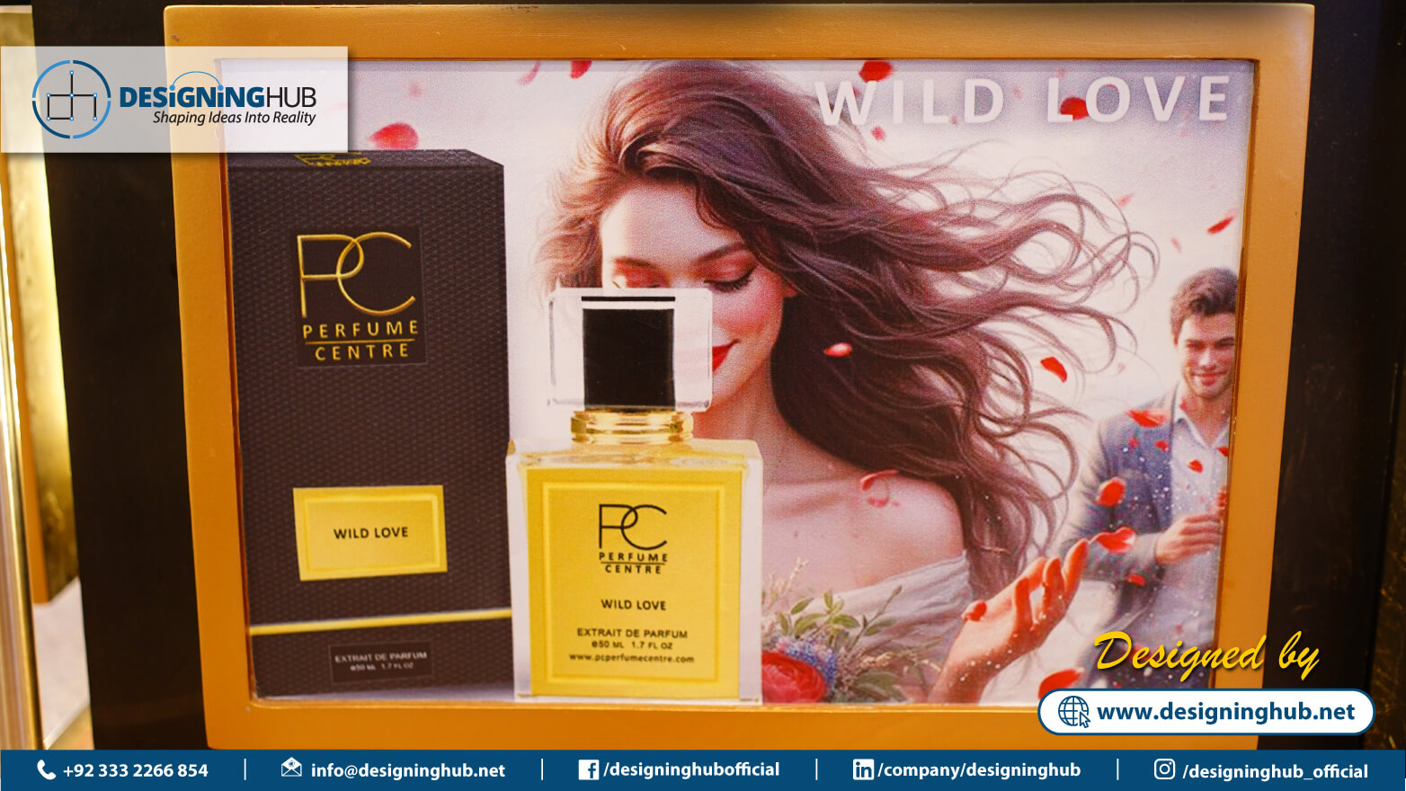 Angled view of PC Premium branded kiosk - corporate identity integration by Designing Hub
