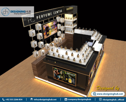 Custom stall design Karachi - Angled 3D rendering of luxury retail kiosk with premium finishes