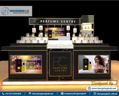 Best stall designer in Pakistan - Completed PC Premium kiosk at LuckyOne Mall with customers browsing