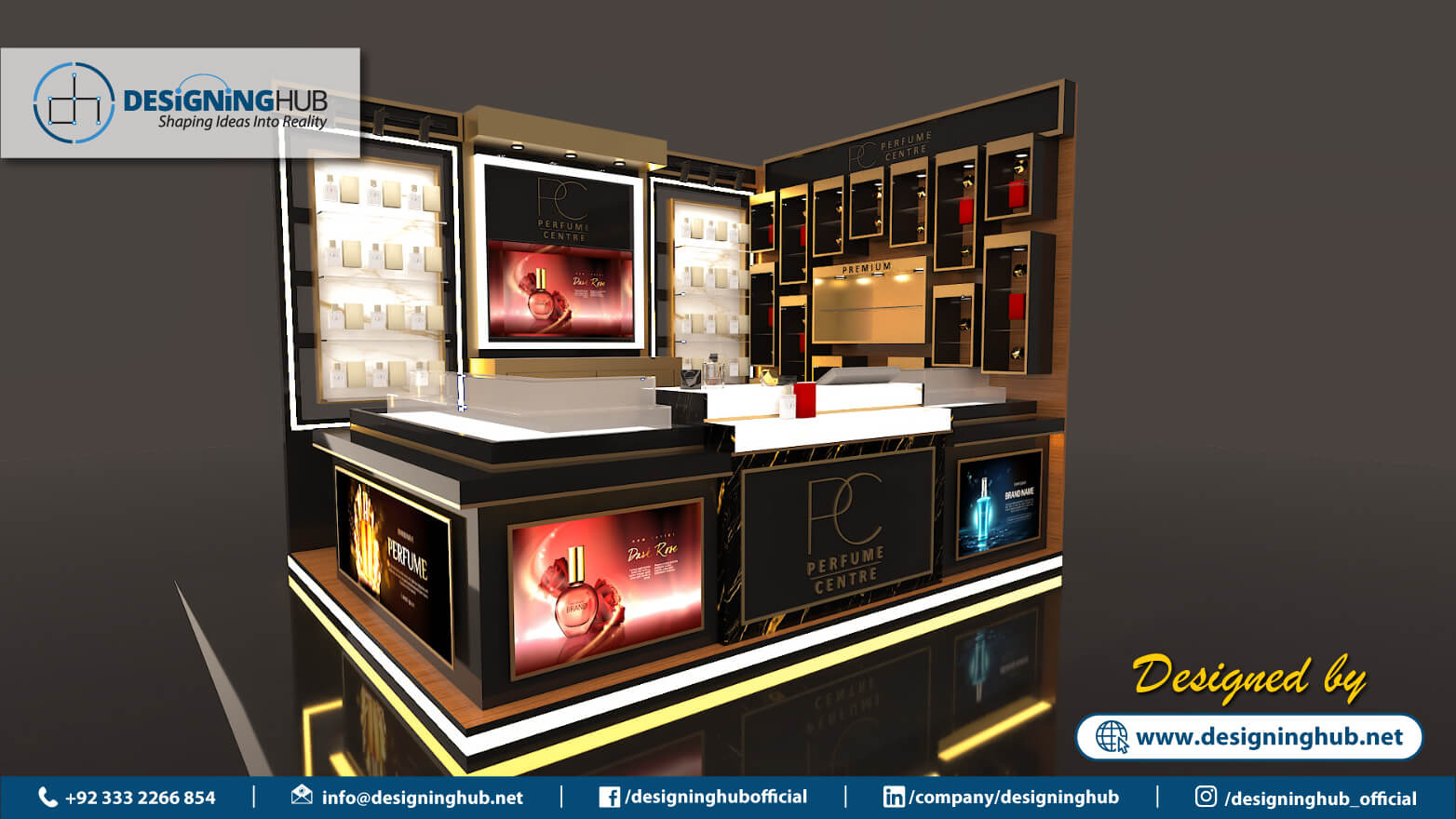 Front 3D rendering of PC Premium perfume kiosk with UV marble finishes - luxury mall kiosk design by Designing Hub Karachi