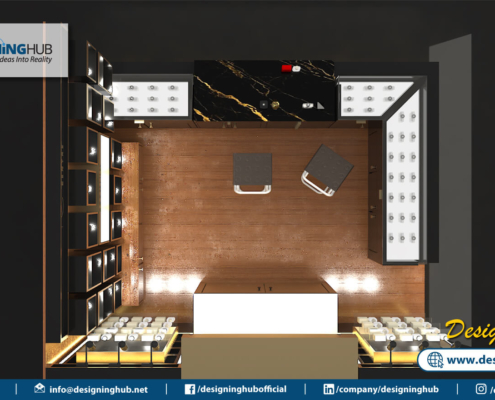 Top-down 3D layout of 10x12 ft perfume kiosk for Ocean Mall - space optimization by Karachi stall experts
