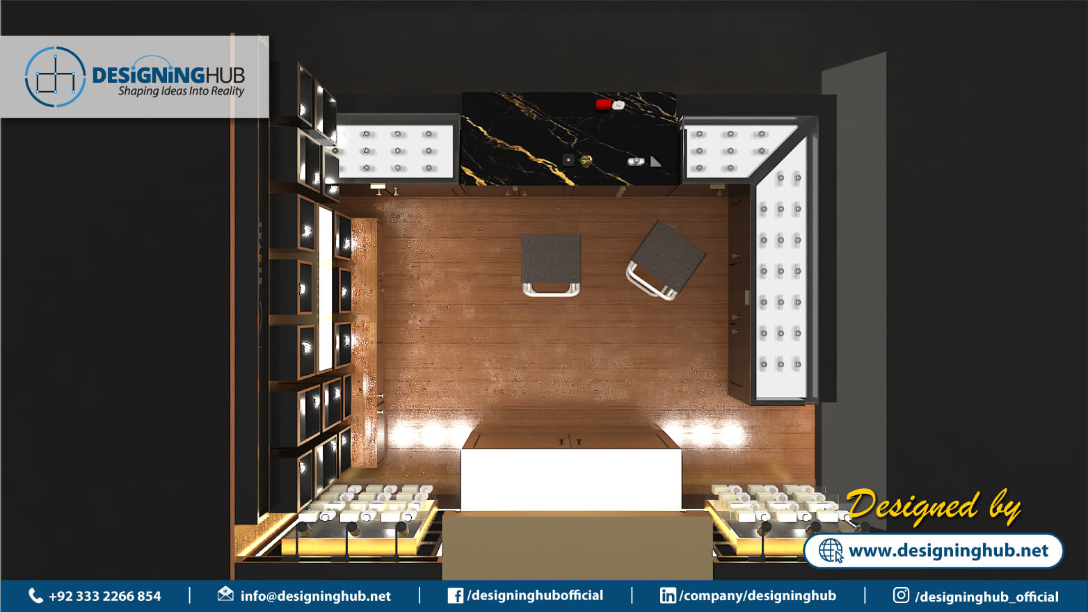 Top-down 3D layout of 10x12 ft perfume kiosk for Ocean Mall - space optimization by Karachi stall experts