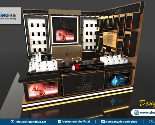 Angled 3D view showing 8mm acrylic display boxes and LED lighting - premium kiosk designer Pakistan