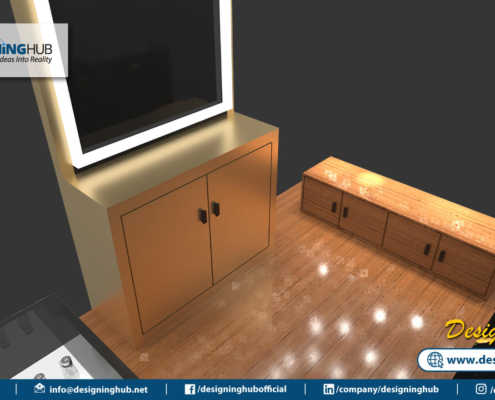 Close-up 3D render of PC Premium logo integration on UV marble surfaces - mall kiosk branding specialists