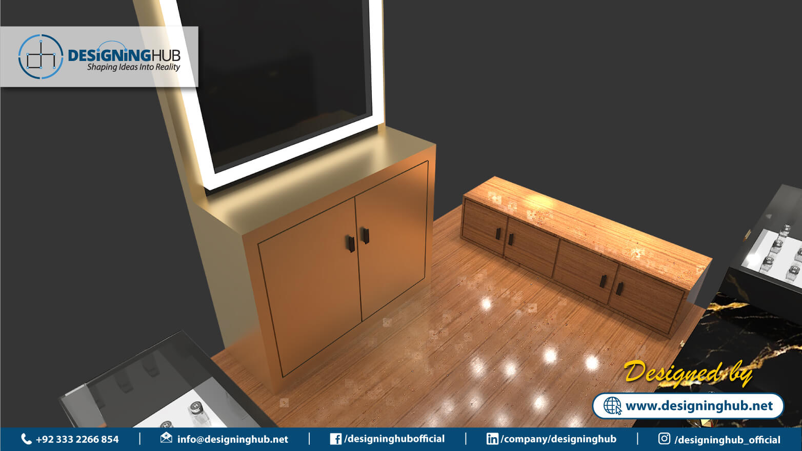 Close-up 3D render of PC Premium logo integration on UV marble surfaces - mall kiosk branding specialists